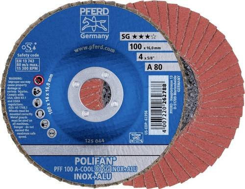PFERD POLIFAN A-COOL Fächerschleifscheibe für Edelstahl und Aluminium, Körnung 80, Durchmesser: 100 mm, Bohrungs-Ø: 16 mm - Bild 1