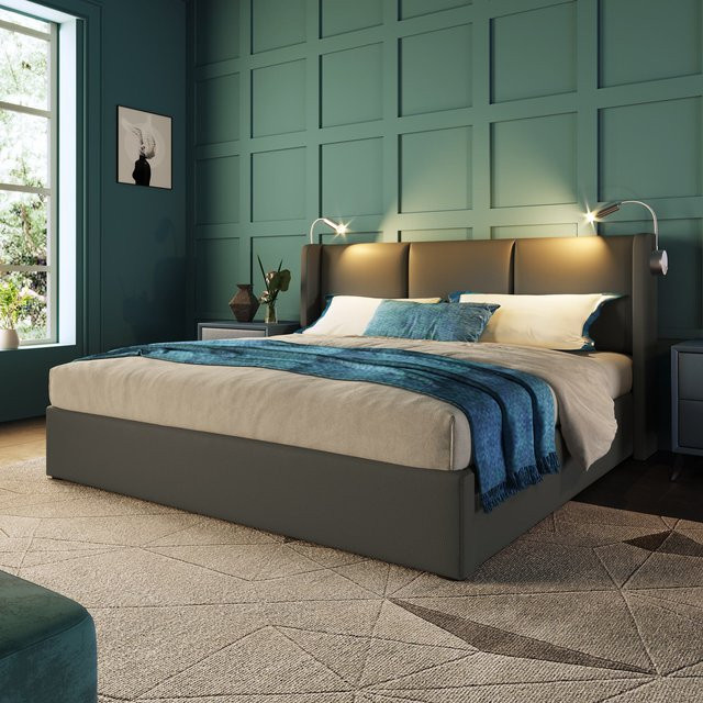 Aosom Doppelbett mit Stauraum, gepolstertes Kopfteil, LED-Lampe und USB-Anschluss, Grau, B/T: 140 x 200 cm - Bild 1