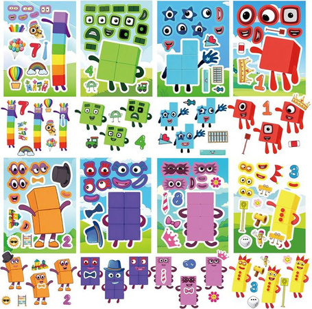 Cartoon-Zahlenblock-Puzzle Make-A-Face-Aufkleber Lernspiel, 8-16-teiliges Set
