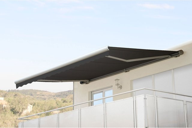 Elektrische Kassetten-Markise H123 mit Volant aus Polyester in Anthrazit, B/T: 4,5 x 3 m - Bild 1