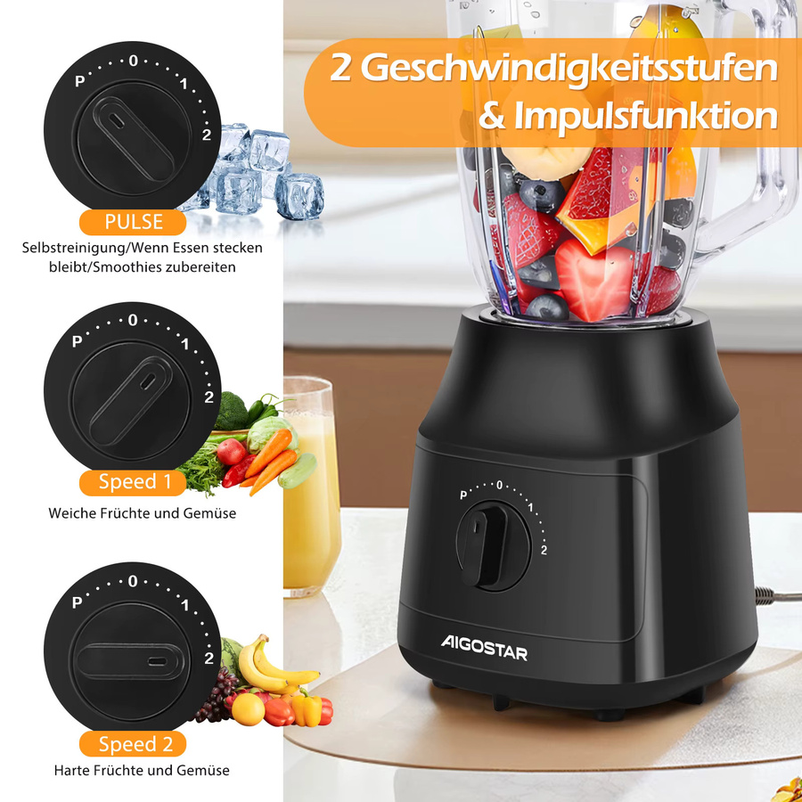 Aigostar Standmixer und Smoothie Maker mit 1,5 l Glasbehälter, 600W, Schwarz - Bild 3