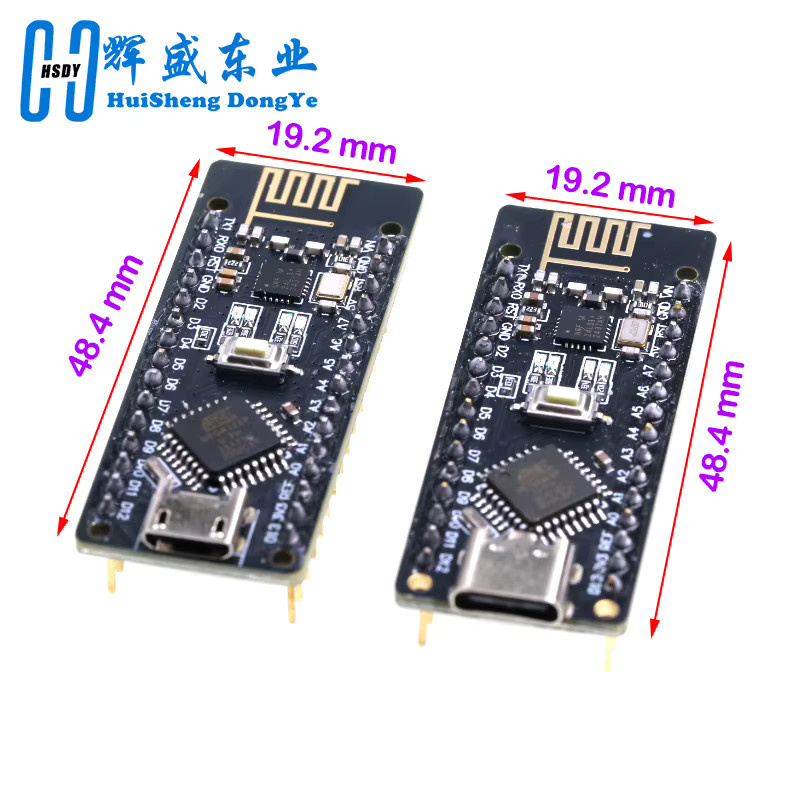 HUISHENGYUFA RF-Nano V3.0 Entwicklungsboard mit ATmega328P, NRF24L01 2,4G Wireless und CH340, USB-C und Micro USB, Schwarz - Bild 2