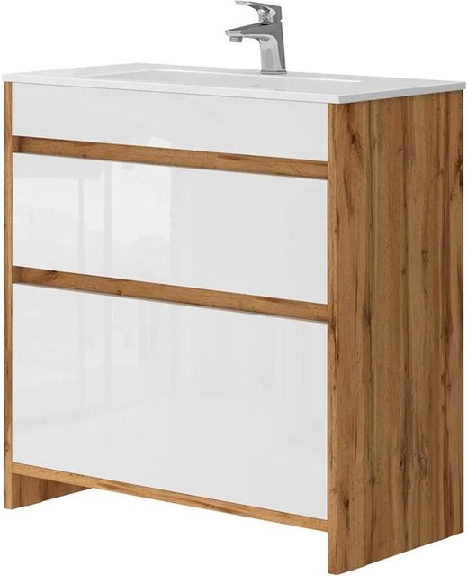 Vicco Waschbeckenunterschrank Detmold Eiche Weiß Hochglanz Breite: 80 cm, Tiefe: 40 cm, Höhe: 81,9 cm - Bild 2