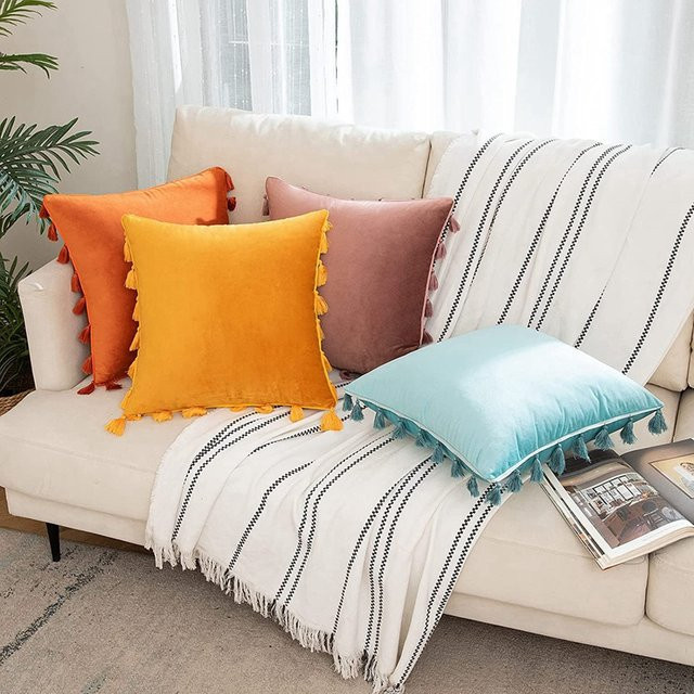 Inyahome Samt-Kissenbezüge mit Quasten in Weiß, Boho-Stil, B/H: 45 x 45 cm, 30 x 50 cm, 50 x 50 cm - Bild 1
