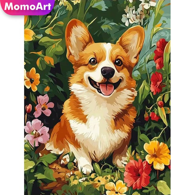 Momoart DIY Diamant-Stickerei Hund mit Blumen-Motiv, Multicolour, B/H: 30 x 20 cm - Bild 1