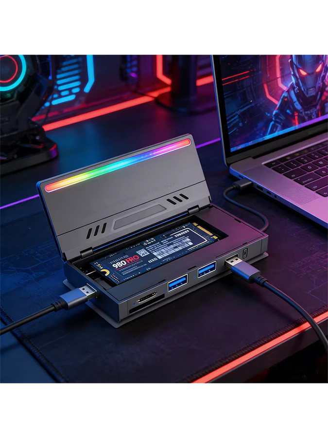 Lotorasia M.2 NVMe SSD-Gehäuse mit USB-C Anschluss, externer USB-Hub und TF/SD-Kartenleser sowie RGB-Anzeigeleuchte - Bild 6