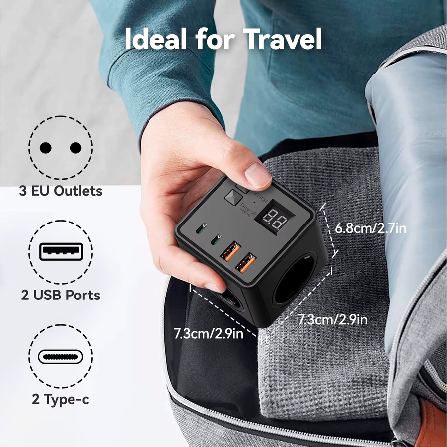 7-in-1 EU Steckdosenleiste mit Überspannungsschutz, 3 AC-Steckdosen, 3 USB-Anschlüsse und 1 USB-C-Anschluss, zeitgesteuerte Desktop-Ladestation in Schwarz oder Weiß - Bild 5