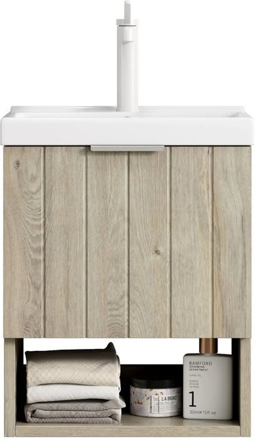 PXloue Badmöbel Waschtisch mit Unterschrank Wandhängend, Keramik Waschbecken, Eiche Creme/Beige, Breite: 42 cm - Bild 1