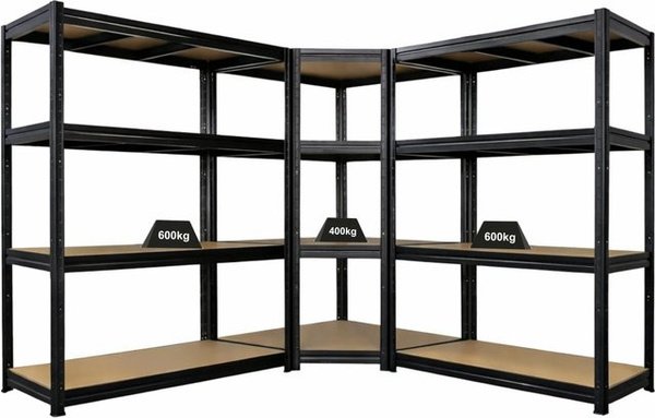 PROREGAL DINO Schwerlastregal-Set aus Metall in Schwarz bestehend aus 1x Eckregal und 2x Schwerlastregal mit einer Fachlast von 400 kg, B/T/H: 180 x 90 x 60 cm und B/T/H: 180 x 160 x 60 cm