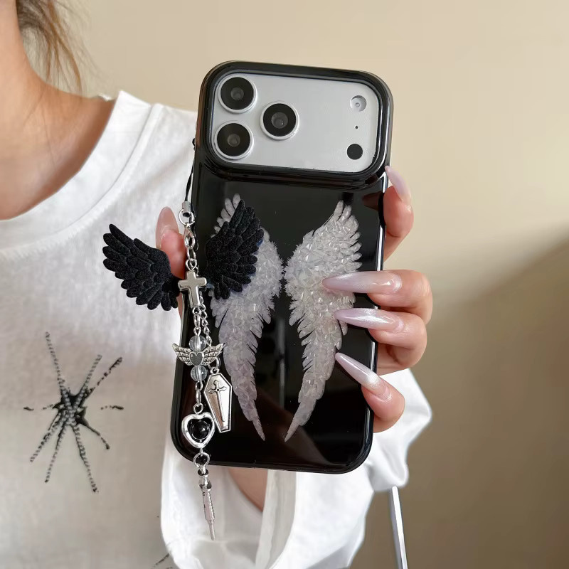 Potdemiel Handyhülle mit Laser-Cartoon-Engelsflügeln und Anhänger für iPhone 15, 16 und 17 Pro Max, Schwarz - Bild 2
