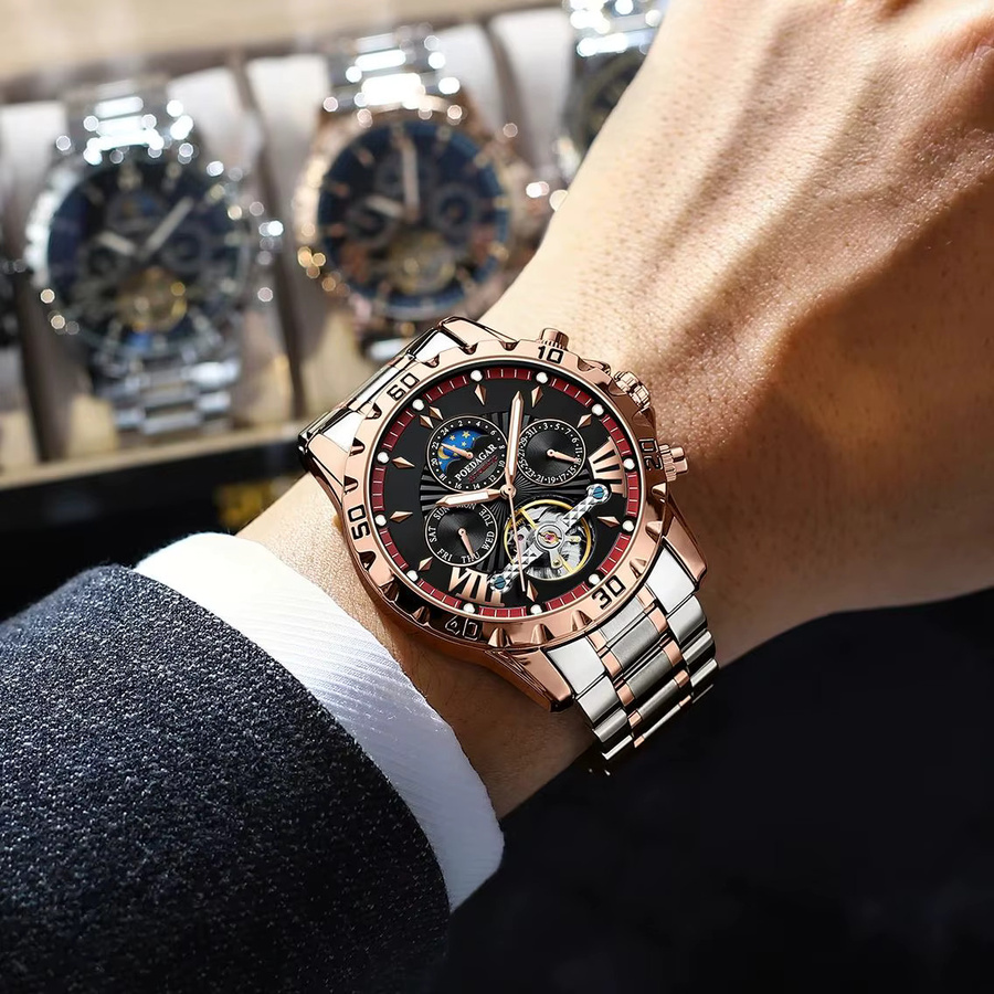 POEDAGAR Armbanduhr Automatik, Edelstahl, Schwarz, Herren - Bild 5
