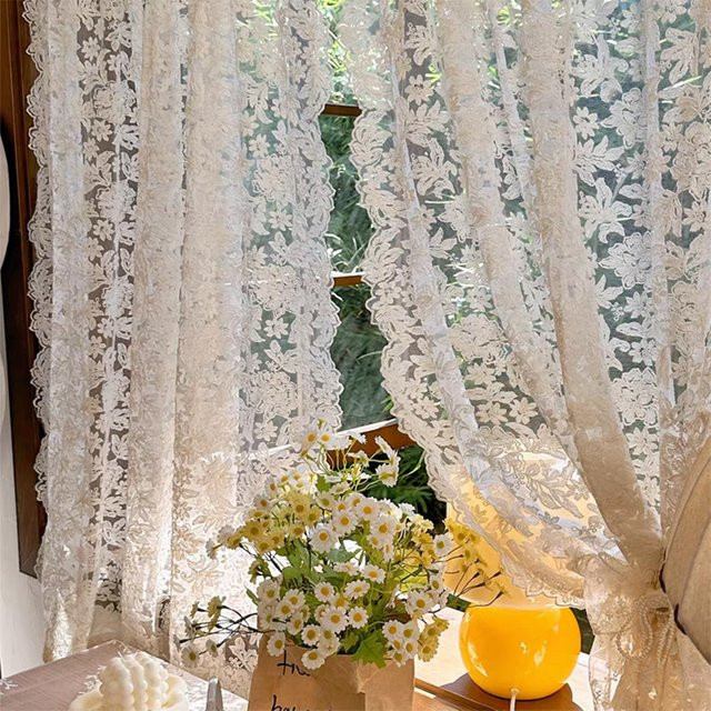 Tiyana Transparentes Voile-Panel im Vintage-Stil mit floraler Spitze und Blumenmuster, Weiß/Gelb, Breite: 160 cm, Höhe: 130 cm - Bild 1