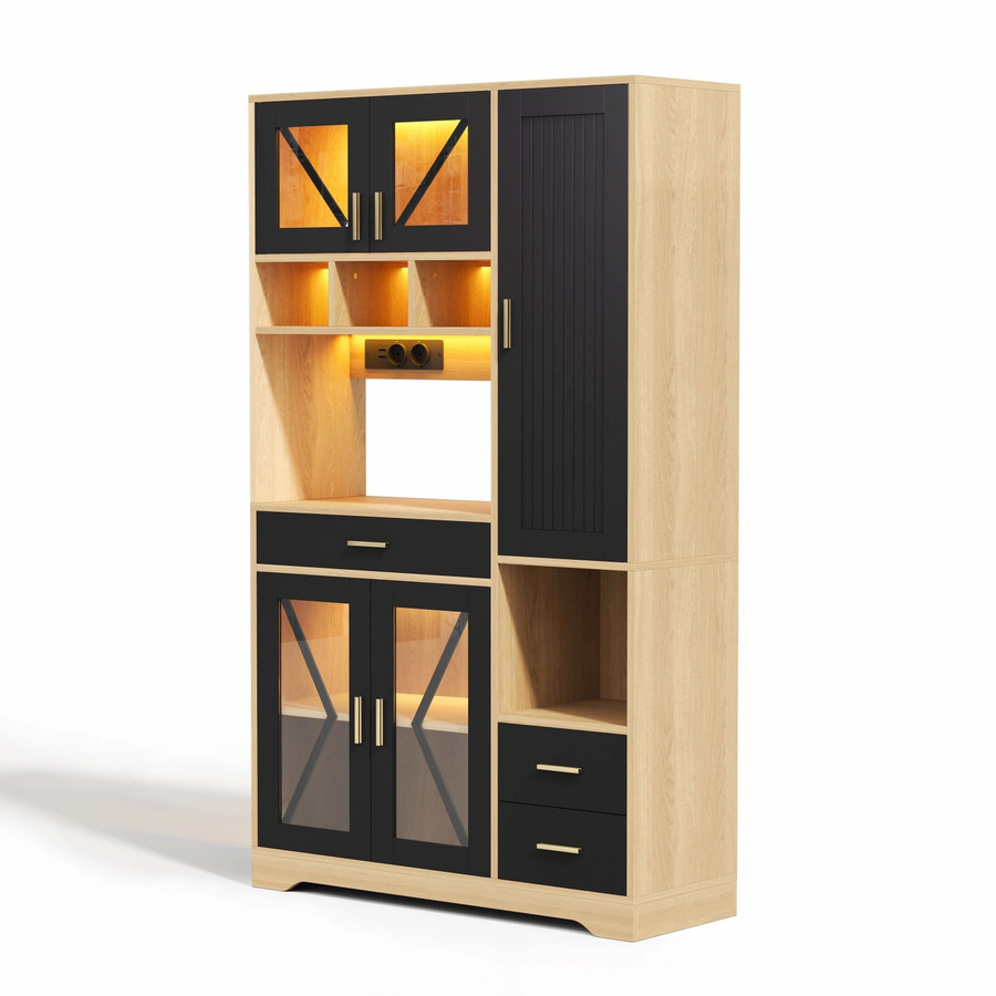okwish Küchenschrank in Schwarz mit LED-Beleuchtung, Steckdosen und Glastüren, H: 185 cm, B: 105 cm, T: 40 cm - Bild 2