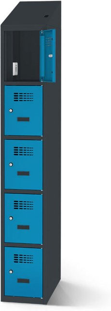 rotstahl Fächerschrank mit Ladefunktion und 5 Fächern in Blau mit anthrazitgrauem Korpus, B: 40 cm, H: 200 cm - Bild 1