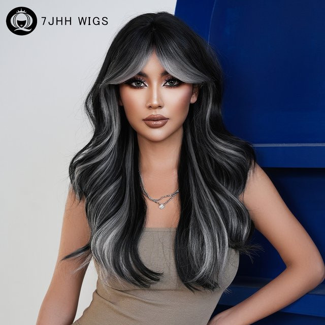 7JHH WIGS Perücke, lang gewellt, schwarz mit silbernen Highlights, Damen - Bild 1