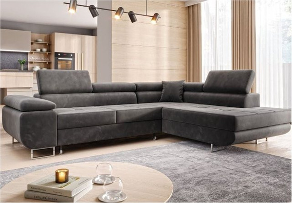 M-Punkt Ecksofa MIAMI Wohnlandschaft als Schlafsofa mit Bettfunktion und Ottomane rechts in Grau Samt