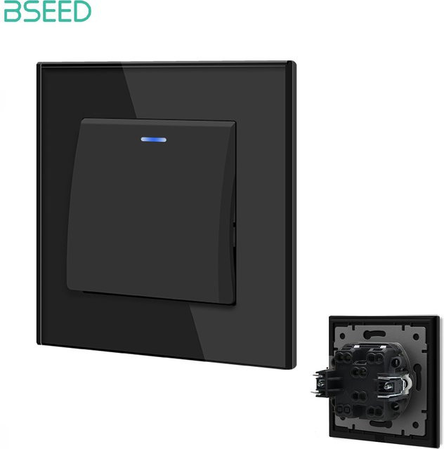 Bseed Wandlichtschalter mit Glasscheibe, 1-fach Kippschalter, Schwarz, 10A 250V - Bild 1