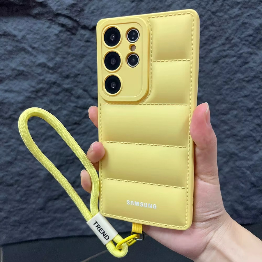 Samsung Handyhülle im Daunenjacken-Design mit Trageband für Galaxy S26 S25 S24 S23 S22 S21 S20 Ultra Plus FE in Schwarz - Bild 1