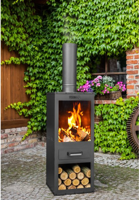 CookKing Terrassenofen Rosa aus Stahl in Schwarz mit integrierter Brennholz-Lagerfläche, B/T/H: 40 x 40 x 150 cm - Bild 1