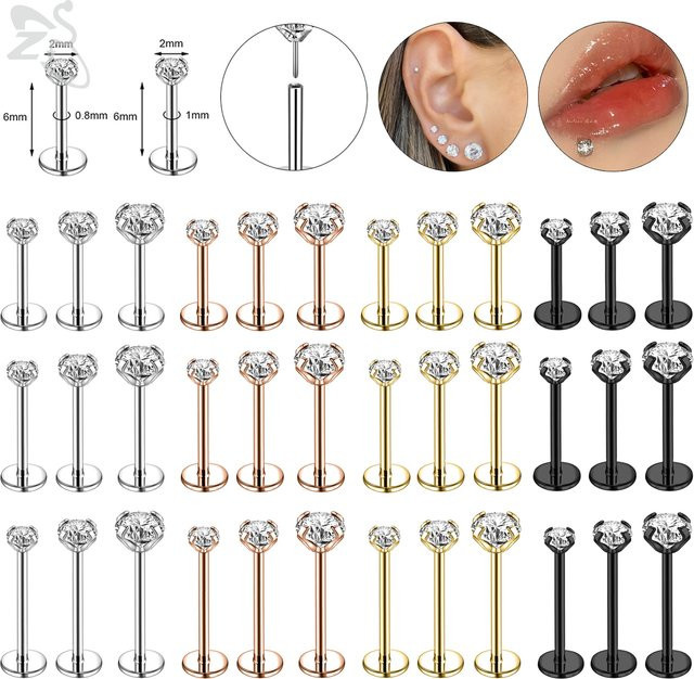 ZS Labret Lippenpiercing Edelstahl, CZ Kristall, Herren - Bild 1