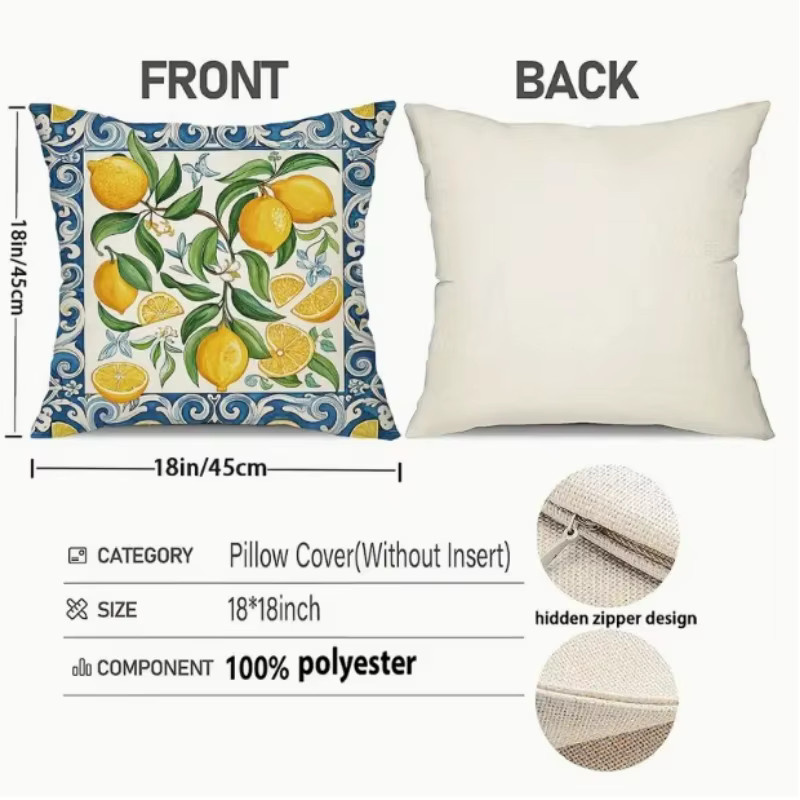 VIKAMA Fresh Yellow Lemon Series Obst-Kissenbezug in Gelb, quadratisches Dekokissen für Sofa und Büro, B/T/H: 45 x 45 x 45 cm - Bild 2