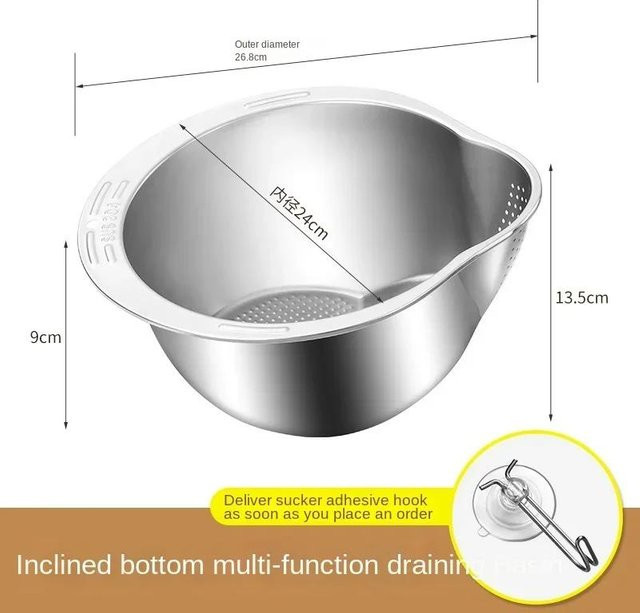Yiran Furniture Reiswascher-Siebschüssel aus Edelstahl 304 in Silber, rundes Obst- und Gemüsesieb für die Küche - Bild 1