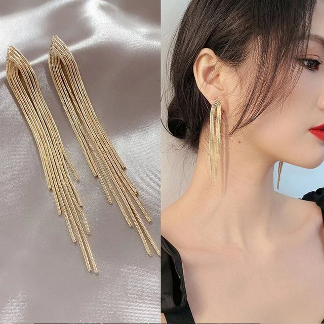 DREJEW Lange Ohrringe mit Kette und Quaste, Gold, Damen - Bild 1