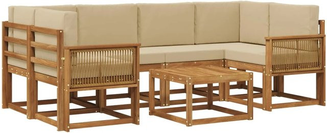 vidaXL Outdoor-Sofagarnitur in L-Form aus Akazienholz mit 7 Kissen, Natur-Beige und wetterfestem Polyester - Bild 1