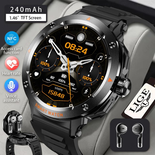 LIGE D13 2-in-1 Smartwatch mit TWS HiFi Stereo Wireless Headset Combo, 1,46 Zoll Display, Bluetooth Telefonfunktion für Android und iOS, Schwarz/Grau - Bild 1