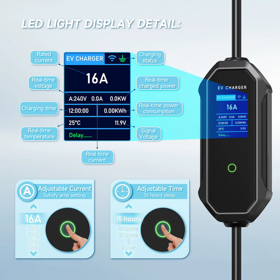 JNTAFEV Tragbares EV-Ladegerät Typ 2 für Elektroautos, 11kW, 16A, 3-Phasen, mit APP-Steuerung und Zeitsteuerung, Schwarz - Bild 2