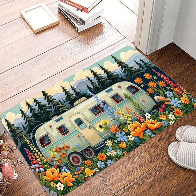 Urban Tees Boho Vintage Fußmatte mit buntem Bergsee-Motiv, rutschfest, grau/mehrfarbig, B/B: 40 x 60 cm - Bild 1