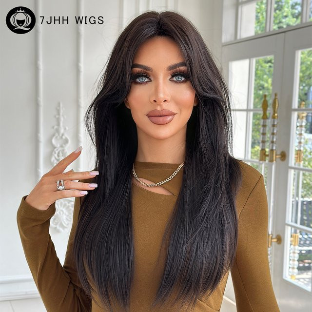 7JHH WIGS Perücke, lange gerade dunkelbraune Synthetik-Perücke, Damen - Bild 1