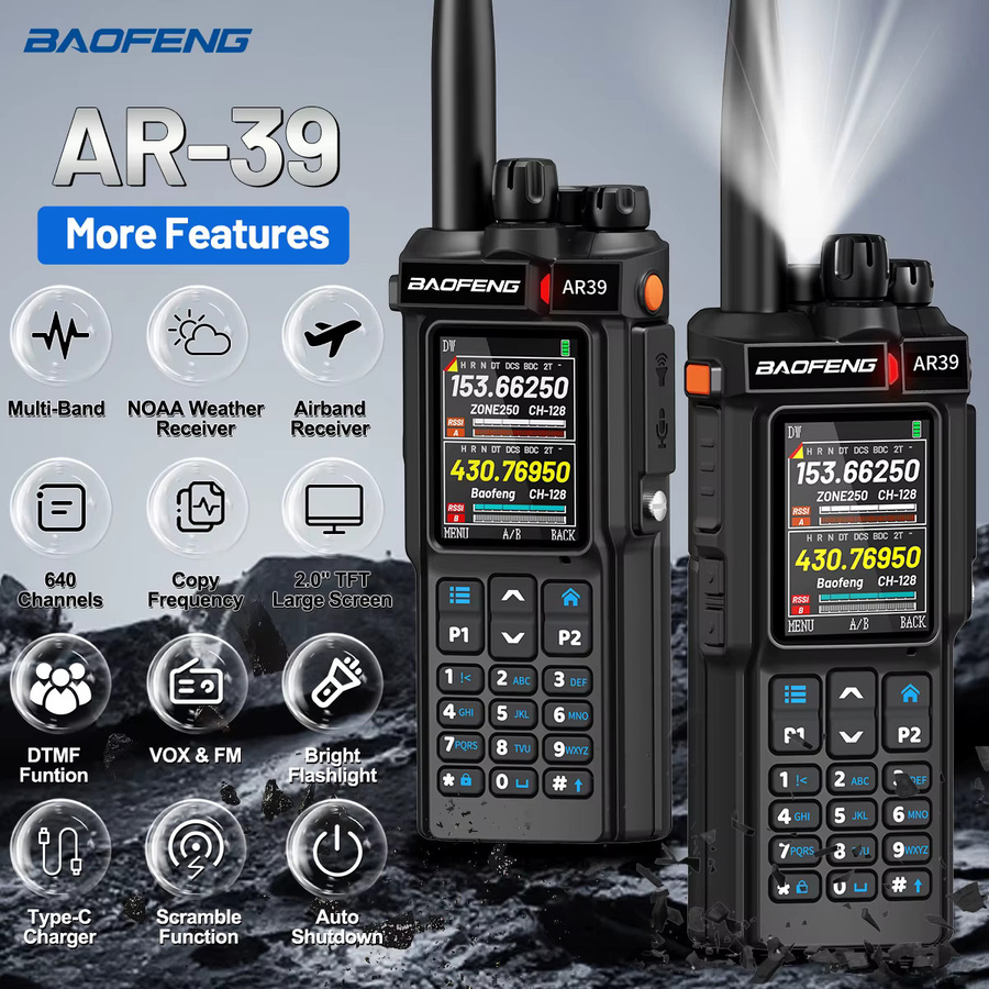 BAOFENG AR-39 Walkie-Talkie in Schwarz mit Multiband-Funktion, AM-Radio und Spotlight-Taschenlampe - Bild 2