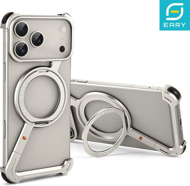 Eary Handyhülle für iPhone 17 16 15 Pro Max mit Metallrahmen und 360 Grad drehbarem Magnetständer, stoßfeste Rahmenlose Schutzhülle - Bild 1