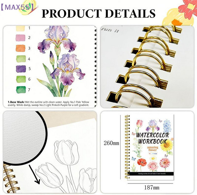 MAX-55 Aquarell-Blumen-Arbeitsbuch mit spiralgebundener Bindung und dickem Papier für Anfänger, A4, Mehrfarbig - Bild 1