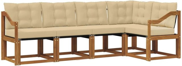 vidaXL Outdoor-Sofagarnitur 5-tlg. in L-Form aus massivem Akazienholz mit Textilene und Kissen, Natur und Beige - Bild 1