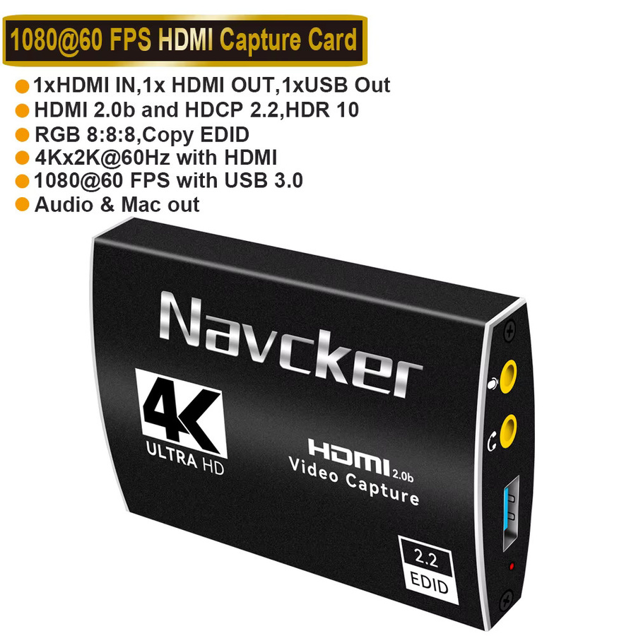 Navceker 4K UHD Video Capture Card mit HDMI Bypass, USB 3.0 Video Grabber für 1080P 60Hz Live-Streaming und Spielaufnahme, Schwarz - Bild 7