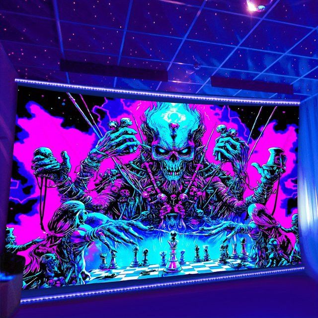 VIKAMA Diablo Wandteppich im Cyberpunk-Stil mit mehrarmigem Skelett und Blitz-Motiv zur Wanddekoration - Bild 1