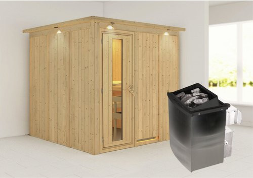 Karibu Sauna Valga aus Fichtenholz mit 9 kW Saunaofen und integrierter Steuerung für 4 Personen, beige - Bild 1