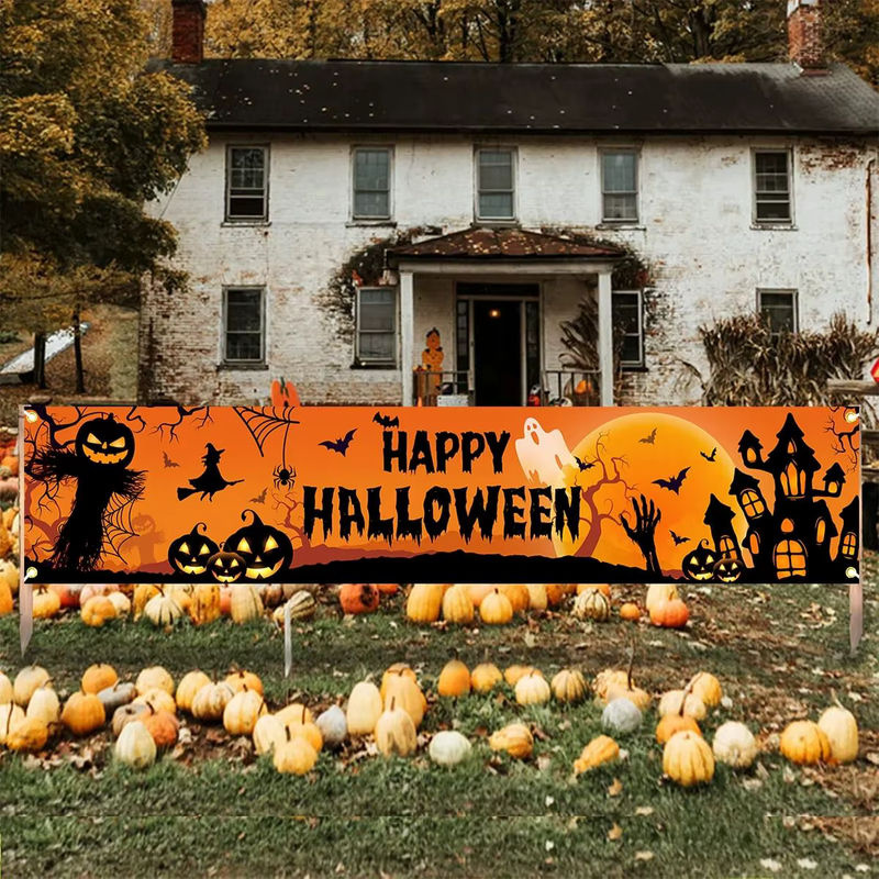 VIKAMA Halloween Outdoor Banner mit Kürbis- und Fledermaus-Muster in Orange, rechteckige Hängedekoration für Horror-Partys und Heimdekoration, B/H: 200 x 40 cm - Bild 6