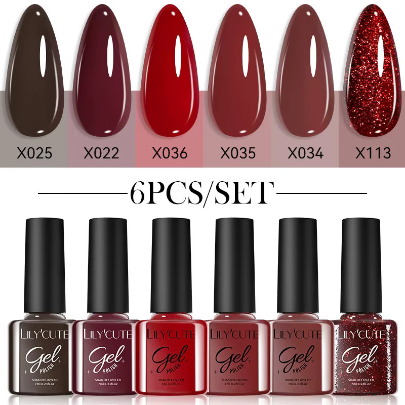 LILYCUTE Nagelgel Set, Herbst Farben, Glitter, Glänzend, 6 Teile - Bild 1