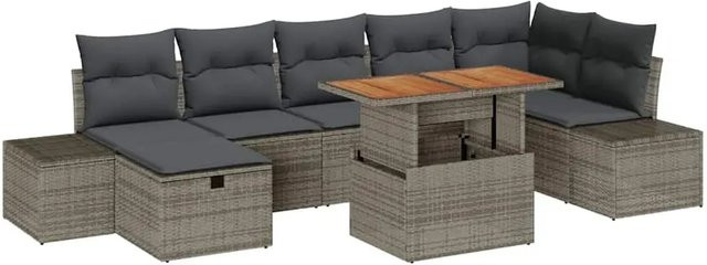 vidaXL 8-teiliges Garten-Esszimmer-Set aus Polyrattan und Akazienholz mit Kissen in Grau - Bild 1