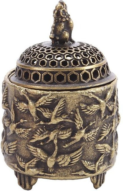 Antikes Messing-Räuchergefäß mit Kranich und Katzendeckel in Schwarz und Gold - Bild 1