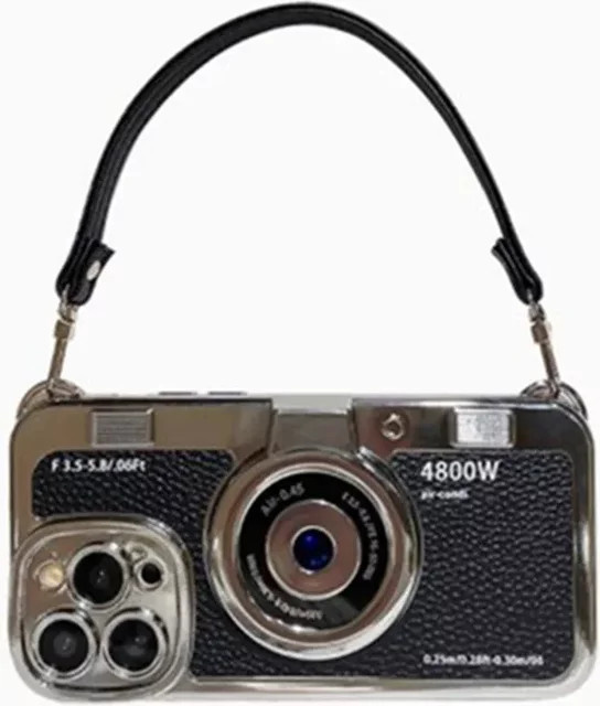 Retro-Kamera Handyhülle aus weichem TPU für iPhone 11 12 13 14 15 16 Pro Max Plus mit Umhängeband in Braun - Bild 1