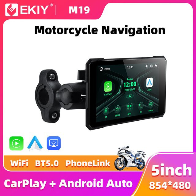 EKIY Wireless CarPlay und Android Auto Motorrad Display mit 5,0 Zoll GPS Navigation und TPMS in Schwarz - Bild 1