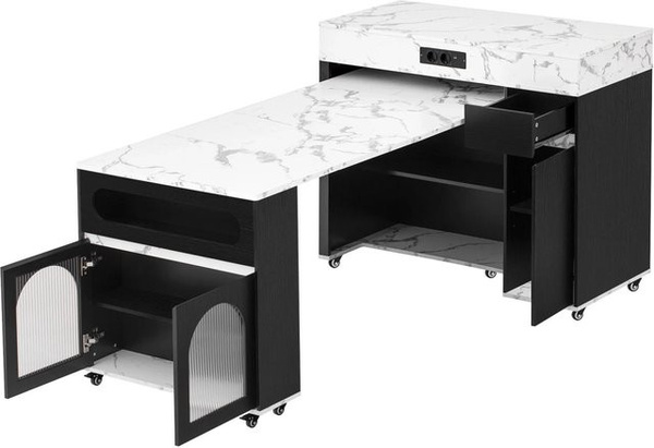 okwish Kücheninsel mit ausziehbarem Esstisch und Rollen in Schwarz, B/T/H: 187 x 110,5 x 95,5 cm