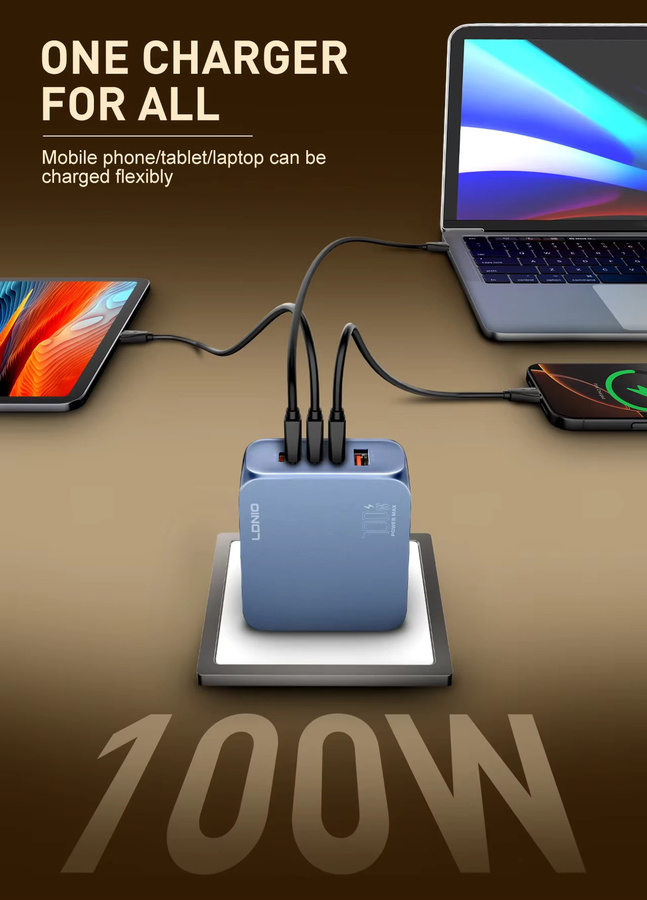 LDNIO Gan 100 W Schnellladegerät mit USB-C Multi-Port Schnellladestation in Blau für MacBook, iPhone und Xiaomi - Bild 3