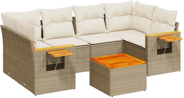 vidaXL 7-tlg. Garten-Sofagarnitur in L-Form aus Poly-Rattan und Akazienholz mit Kissen in Beige-Creme - Bild 1