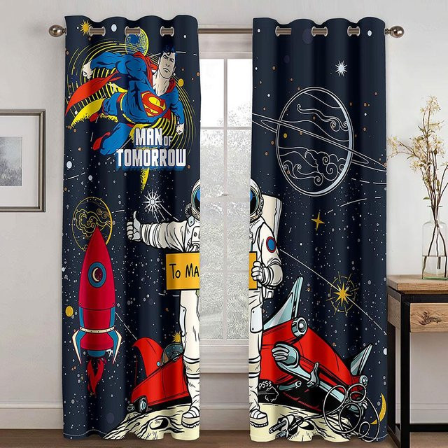 A Family Of Home Textiles 2er-Set dünne Fenstervorhänge mit 3D-Cartoon-Weltraum-Motiv in Blau, semi-transparent mit Ösen, Höhe: 200 cm, Breite: 170 cm - Bild 1