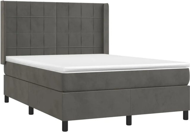 vidaXL Boxspringbett mit Matratze in Dunkelgrau, Hybridbett mit LED-Unterbettbeleuchtung und USB-Anschluss, Samt, B/T/H: 140 x 190 x 128 cm - Bild 1